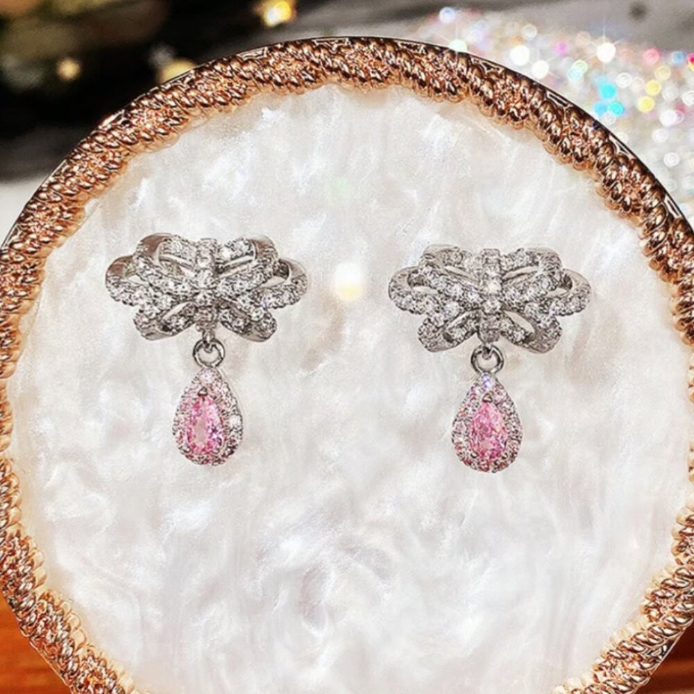 "Diamond CZ Water Drop Crystal Fairy Bow Shape Earring for Women,